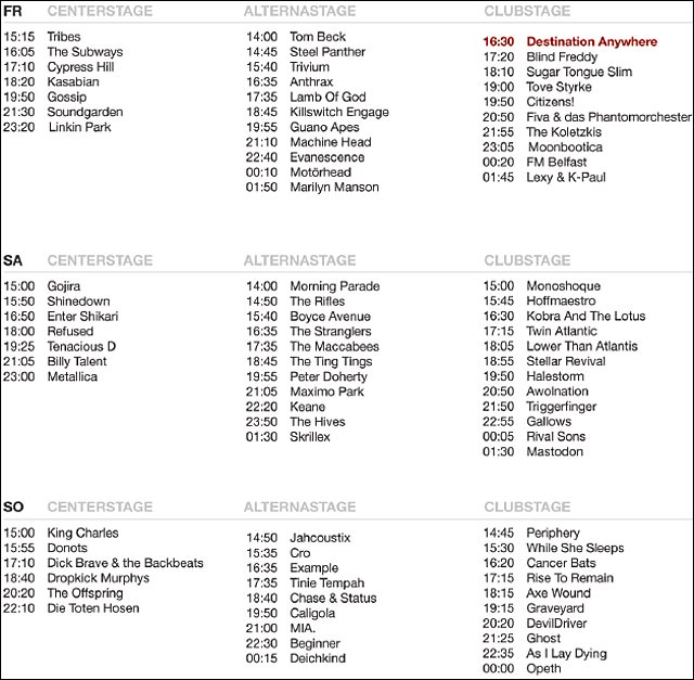 RAR Rock am Ring 2012 spielplan running order ordre de passage groupes zik RAR Rock am Ring 2012 spielplan running order ordre de passage groupes zik