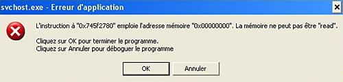 erreur Svchost 0x745f2780 - la mémoire ne peut être read memory-could-not-be-read