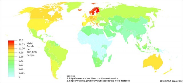 carte monde repartition groupes musique heavy metal par pays Scandinavie rox