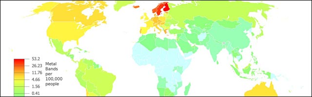 carte monde repartition groupes musique heavy metal par pays Scandinavie rox